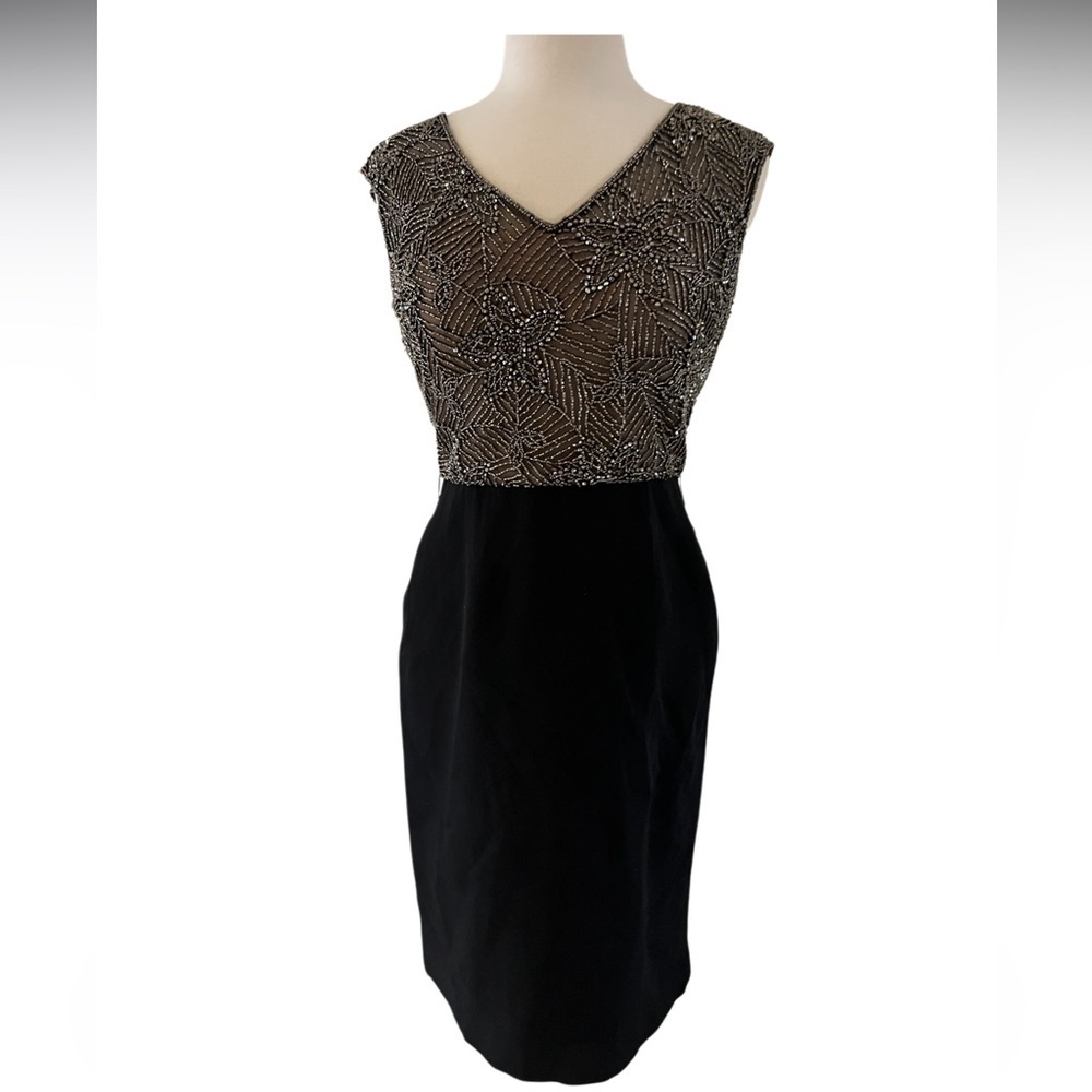 Elegant Rickie Freeman For Teri Jon- Black & Gold Beaded Dress- Size 6-Wedding